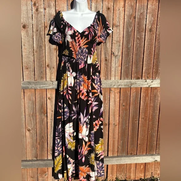 City Chic Skye Off Shoulder Print Maxi Dress - black size 14 - Picture 6 of 14